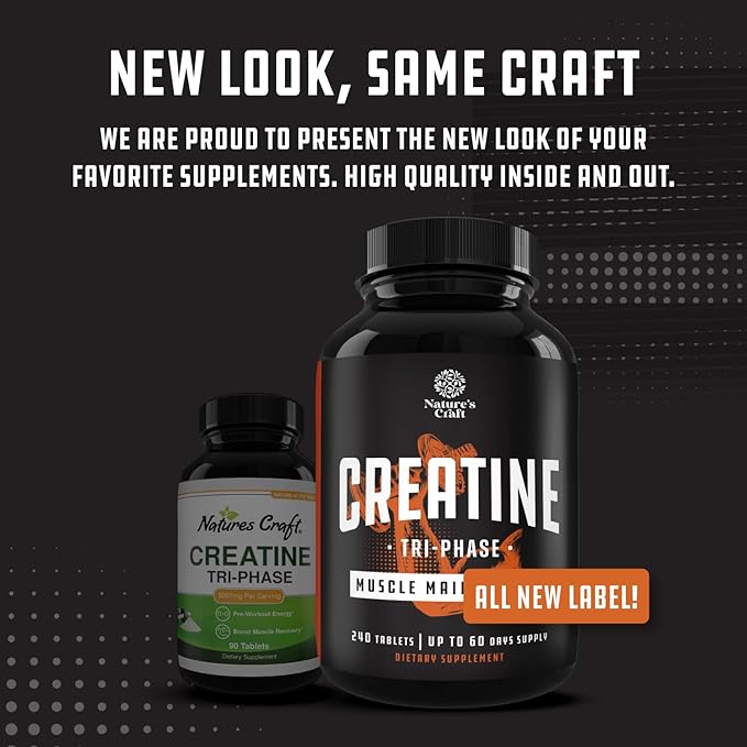 Natures Craft High Strength Tri Phase Creatine Tablets for Women &amp Men - Formula Blend of Creatine Monohydrate 300mg HCL &amp Pyruvate Supplement - Muscle Mass Gain &amp Recovery Supplement - 2