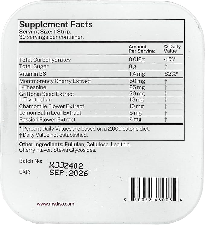 DISO - Snooze - Fast-Dissolving Oral Supplement Strips for Sleep Cherry Flavor Vegan Sugar Free High Absorption Gluten Free Individually Wrapped 30 Dissolvable Strips