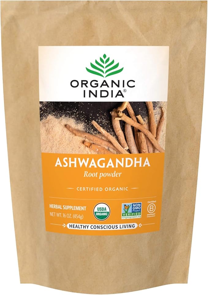 ORGANIC INDIA Ashwagandha Powder Organic - Ashwagandha Root Powder Bulk Herbal Supplement - Vegan Gluten-Free Kosher Non-GMO Supports Stress Relief Energy and Sleep - 1lb Bag