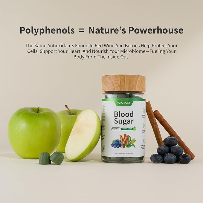 Snap Supplements Blood Sugar Gummies Support Already Healthy Blood Sugar Levels Cinnamon Bark and Blueberry Fruit Extract Green Apple Flavor 60 Gummies