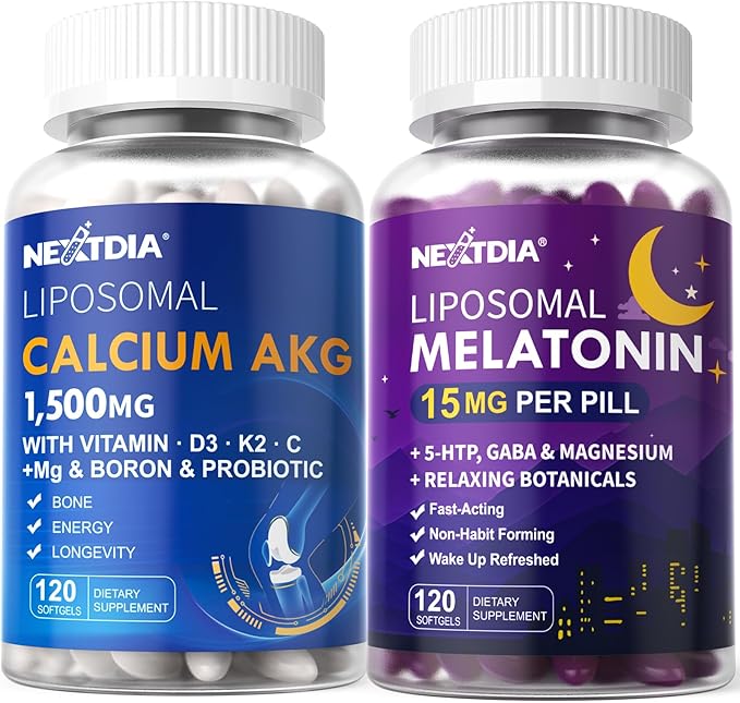 Liposomal Calcium AKG Supplement 1500mg + Liposomal Melatonin Sleep Softgels