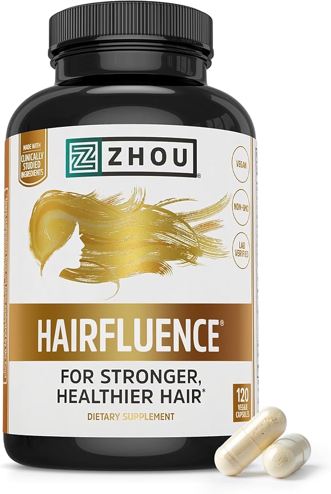 Zhou Hairfluence - Vegan Biotin Supplement for Hair Growth for Men &amp Women Supports Stronger Healthier Hair Nails &amp Glowing Skin with Lustriva &amp B Vitamin Complex - 120 Veggie Capsules