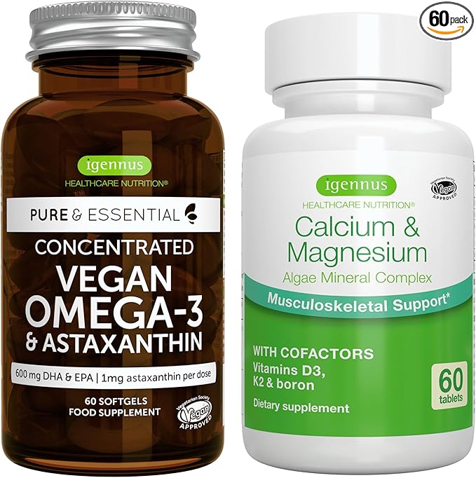 Vegan Omega-3 + Calcium &amp Magnesium Complex Vegan Bundle Sustainable EPA &amp DHA Algae Oil 1340mg + 2:1 Plant Based Algae Mineral Complex by Igennus