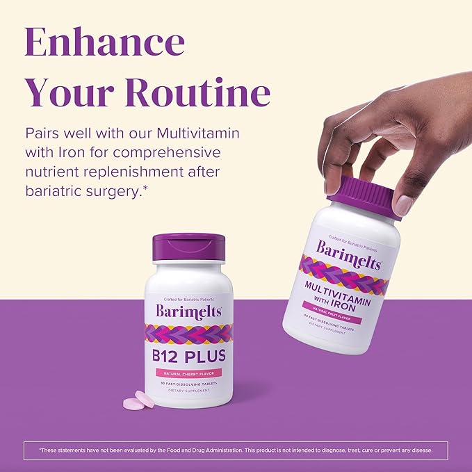 BariMelts Vitamin B12 Plus 90 Fast-Dissolving Tablets (3-Month Supply) Sugar-Free Bariatric Vitamins for Women Includes B12 B6 Folate and Biotin Natural Cherry Flavor