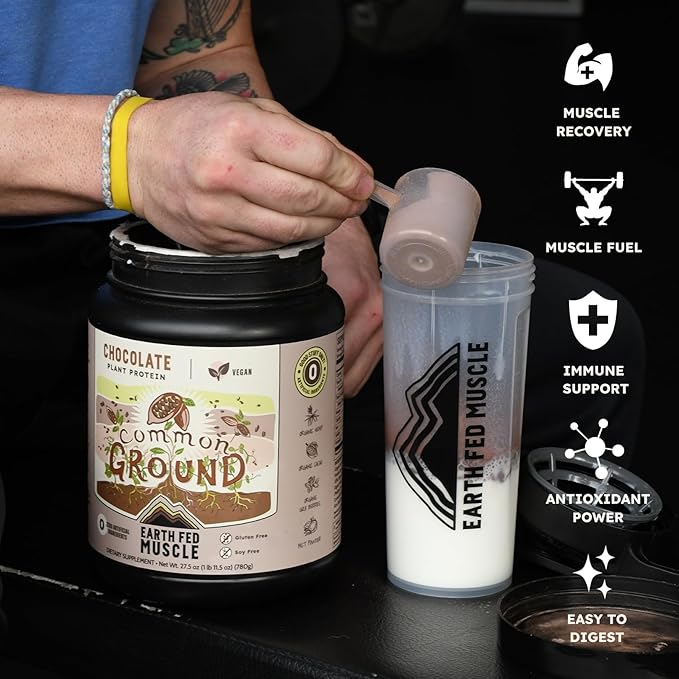 Earth Fed Muscle Common Ground Plant Protein – Chocolate Plant Protein Powder with MCT Powder with Soy &amp Gluten Free No Added Sugar - 30 Servings