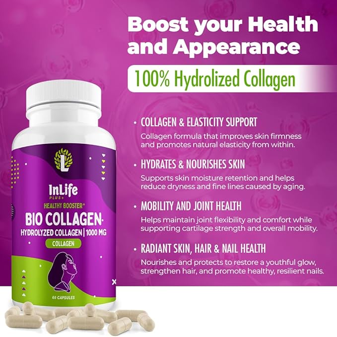 Hydrolyzed Collagen Peptides (60 Count) 1000mg Per Serving Beauty Joint and Anti Aging Support for Hair Skin Nails Bones and Joints Collagen for Women and Men (30-Day Supply) (1)