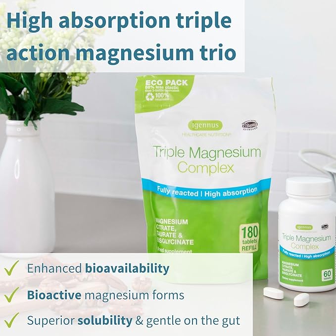 Triple Magnesium Complex 180 Tablets + Zinc Complex Vegan Bundle High Absorption Chelated Magnesium + 25mg Chelated Zinc Picolinate &amp Bisglycinate with Copper by Igennus