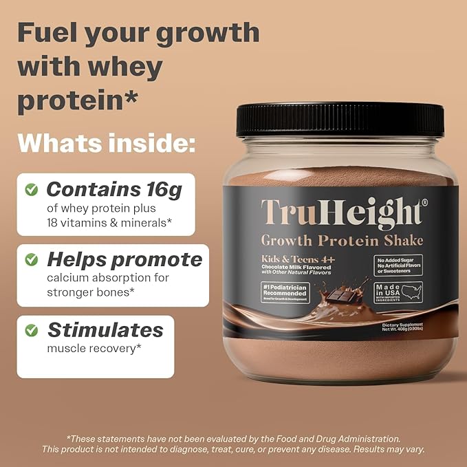 TruHeight Growth Protein Shake (Chocolate Milk Flavor Whey) Tall Nutrition for Natural Growth &amp Development - Protein Powder for Kids &amp Teens Weight Gain Drinks - Picky Eater Vitamin Taller