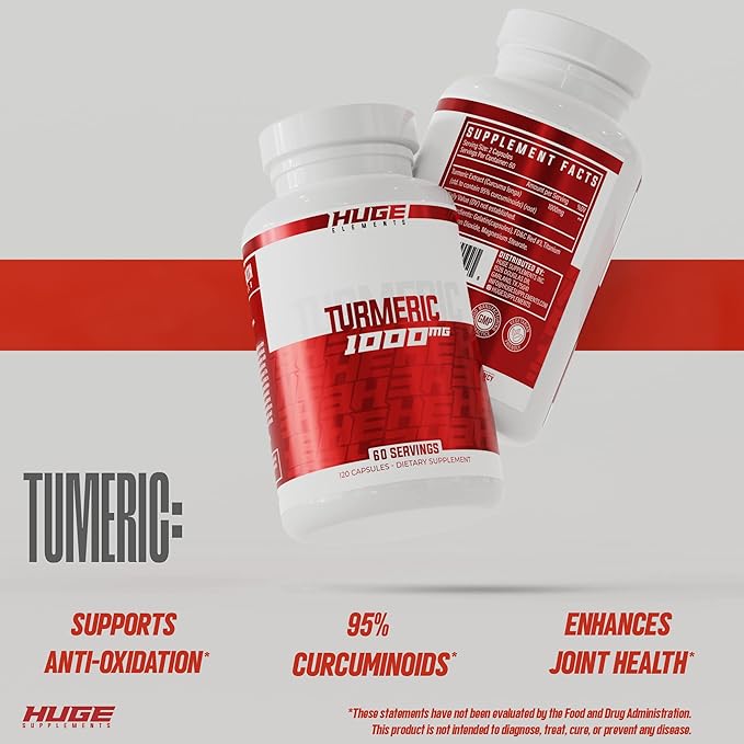 Huge Supplements Turmeric 1000mg of Pure Turmeric Root Extract per Serving 95% Curcuminoids Antioxidant Supplement Non-GMO Gluten-Free - 120 Capsules