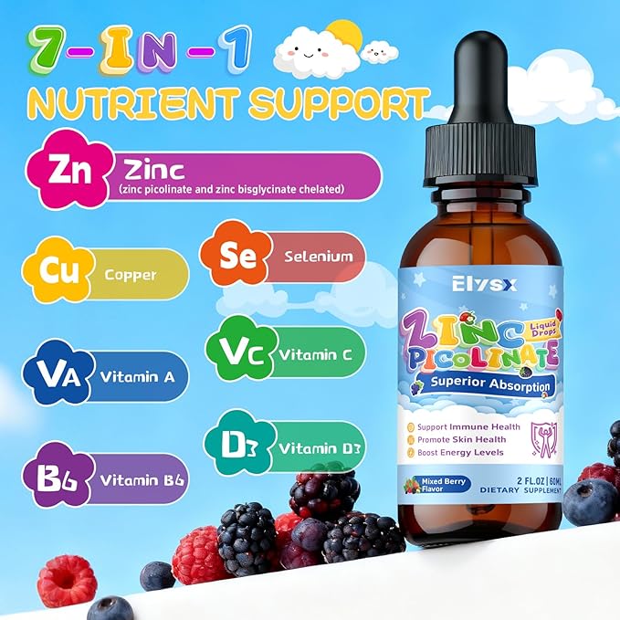 Zinc Picolinate Copper Liquid Drops Celated Zinc 30mg with Copper Selenium for Kids &amp Adults Immune Support &amp Skin Health Mixed Berry Flavor 2 FL OZ