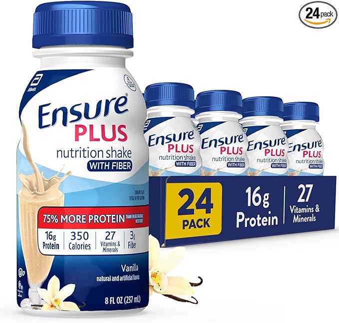 Ensure Plus Vanilla Nutrition Shake With Fiber | Meal Replacement Shake | Ready to Drink | 16g Protein and 27 Vitamins and Minerals | 8 fl oz - 24 Pack