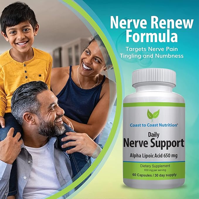 Nerve Support - Advanced Nerve Relief with Alpha Lipoic Acid 650 mg - Nerve Vitamins for Ease of Hands Legs and Foot Aches - 60 Capsules / 30 Day Supply