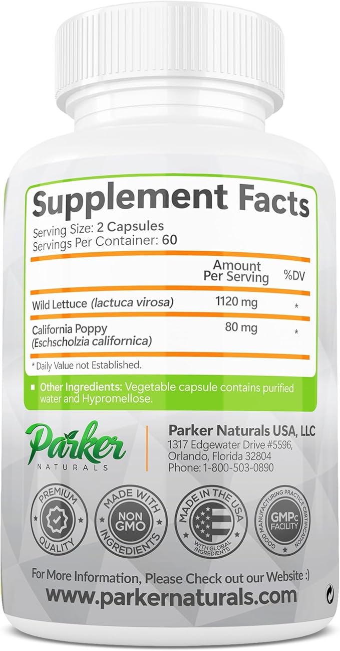 Parker Naturals Wild Lettuce Extract &amp California Poppy Seed Supplement 2 Way Premium Strength Herbal Supplement for Healthy Sleep &amp Relief Support 120 Capsules