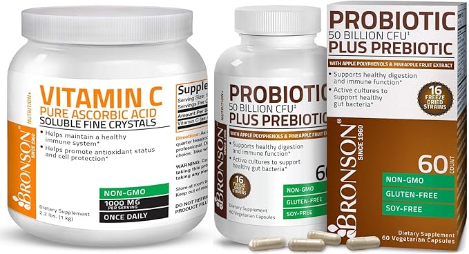 Bronson Probiotic 50 Billion CFU + Prebiotic with Apple Polyphenols &amp Pineapple Fruit Extract Vitamin C Powder Pure Ascorbic Acid Soluble Fine Non GMO Crystals