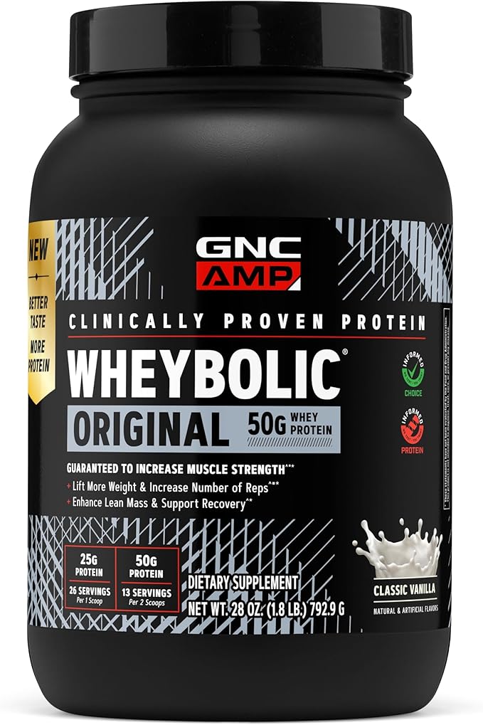 GNC AMP Wheybolic Clinically Proven Protein Powder 50g Whey Protein BCAA Leucine Increases Muscle Strength Muscle Building 3rd Party Tested Gluten Free Classic Vanilla 13 Servings