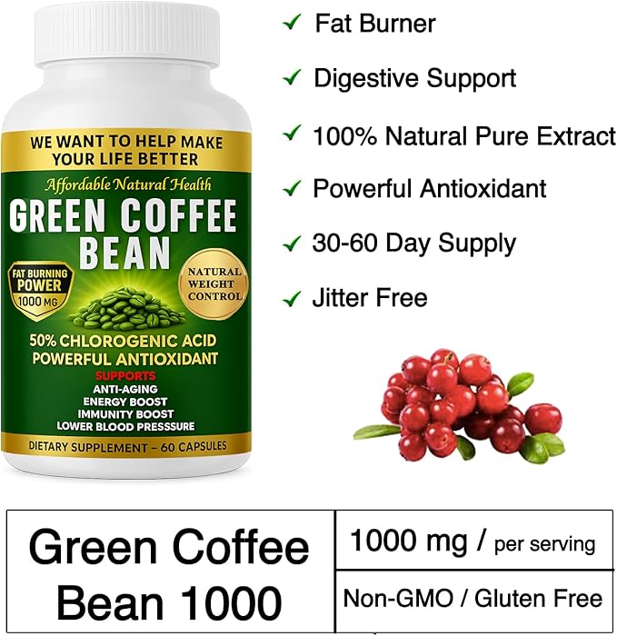 Green Coffee Bean Extract 100% Pure Green Coffee Bean Capsules 50% Chlorogenic Acid 1000 mg Strength 360 Capsules 12 Month Supply Non-GMO and Gluten Free Traditional Herbal Supplement