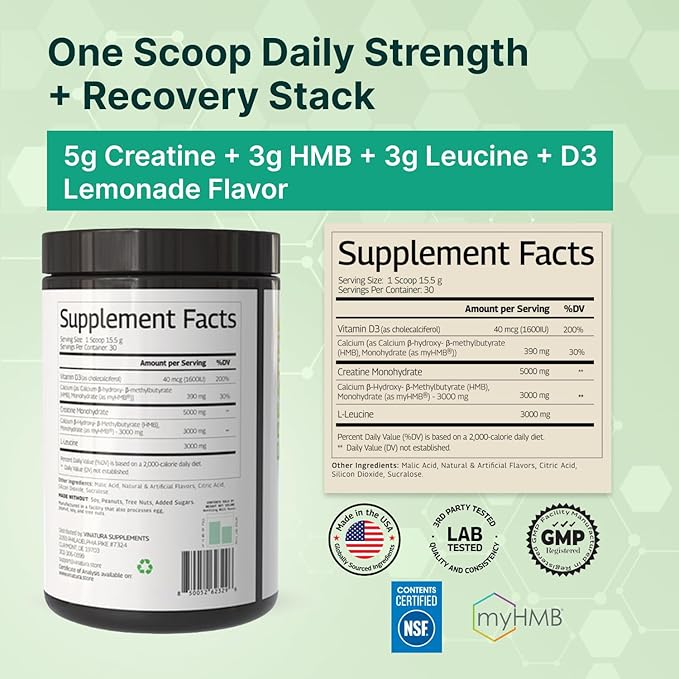 VINATURA HMB Creatine Leucine Powder - 5g Creatine Monohydrate 3g HMB Supplement 3g L-Leucine - Vitamin D3 Vegan Lemonade Flavor Muscle &amp Strength Support - 30 Servings