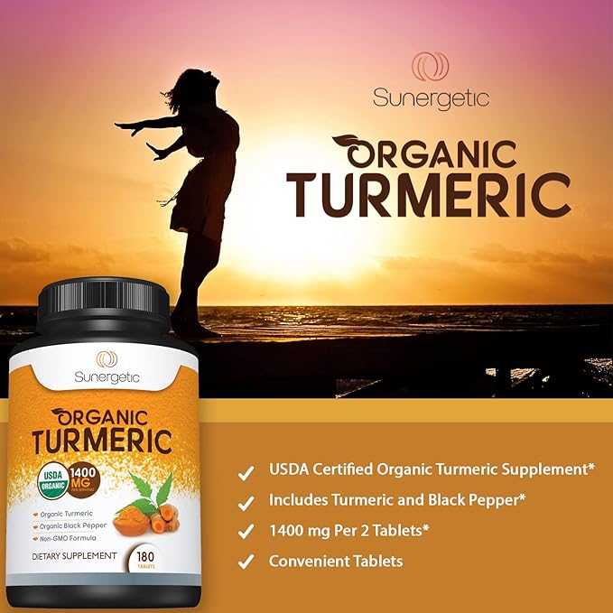 Sunergetic USDA Certified Organic Turmeric Supplement – Includes Organic Turmeric &amp Organic Black Pepper – 1400mg of Turmeric per Serving - 180 Count (Pack of 1)