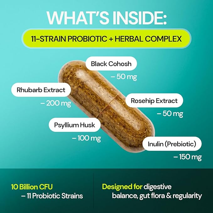 Herbal Cleanse Support - Botanicals &amp 11-Strain Probiotic Blend - Supports Digestion Bowel Movements Gut Balance &amp Regularity - 60 Veggie Capsules