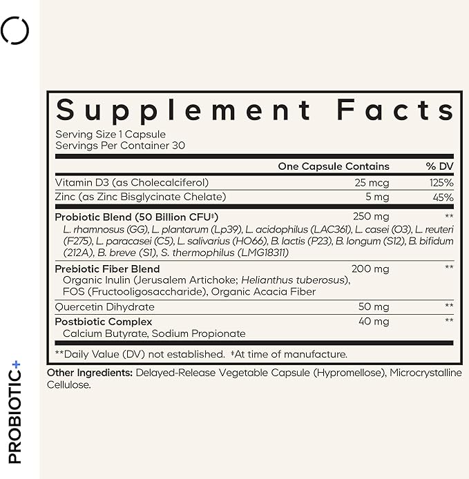 Codeage Probiotic+ 50 Billion CFU** Supplement - 12-Strain Probiotic Blend Organic Prebiotic Fiber Postbiotics Vitamin D3 Zinc Bisglycinate Quercetin - for Men &amp Women - Non-GMO - 30 Capsules