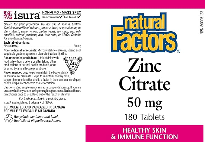 Natural Factors - Zinc Citrate 50mg Support for Healthy Skin &amp Immune Function 180 Tablets