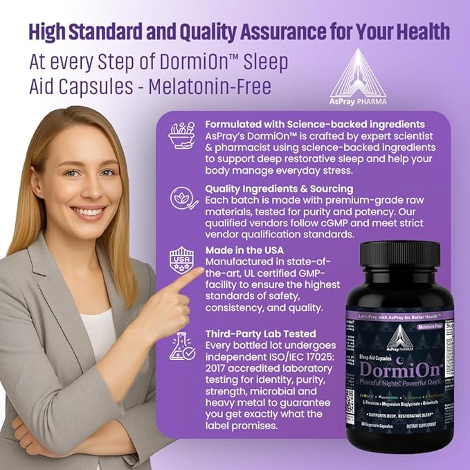 DormiOn™ Sleep + Restore + Stress Supplement | Herbal Sleep Aid for Women &amp Men | No Melatonin Non-Habit Forming | Ashwagandha GABA Valerian &amp Magnesium | Vegan 60 Capsules