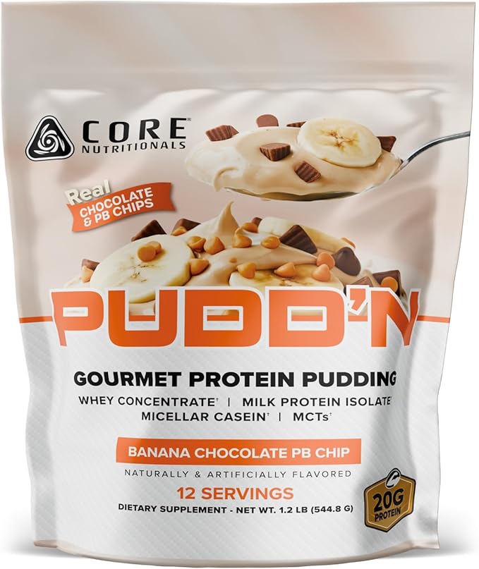 Core Nutritionals Pudd'n Gourmet Protein Pudding Mix | Whey &amp Casein Blend | MCTs &amp Digestive Enzymes | 20g Protein | Real Food Inclusions | 12 Servings (Banana Chocolate PB Chip)