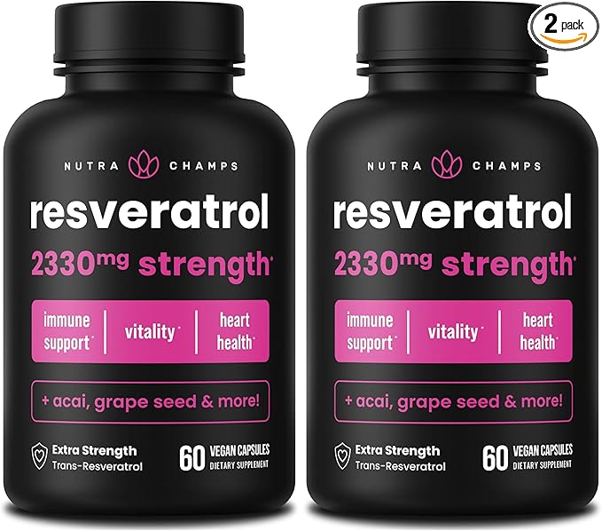 NutraChamps Resveratrol Supplement Extra Strength Formula for Healthy Aging Immune Support 60 Vegan Capsules with Trans-Resveratrol Green Tea Leaf Acai Berry &amp Grape Seed Extract (Pack of 2)