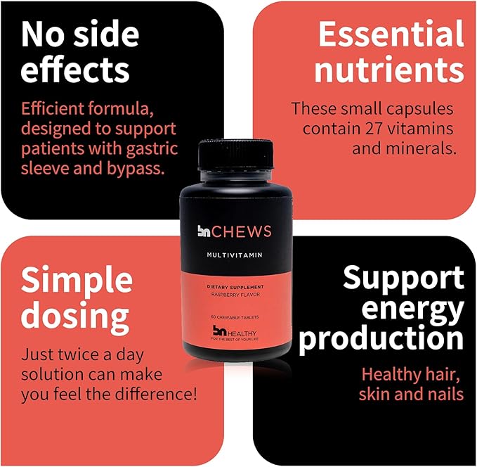 BNHealthy Chewable Bariatric Multivitamin with Iron Vitamin B12 Delicious Raspberry Flavor – 60 Ct – 30-60 Day Supply.