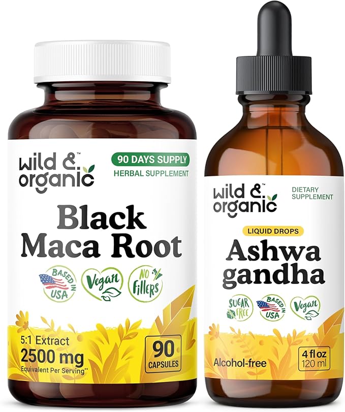 Wild &amp Organic Black Maca Root 90 Capsules &amp Ashwagandha Tincture 4 fl oz