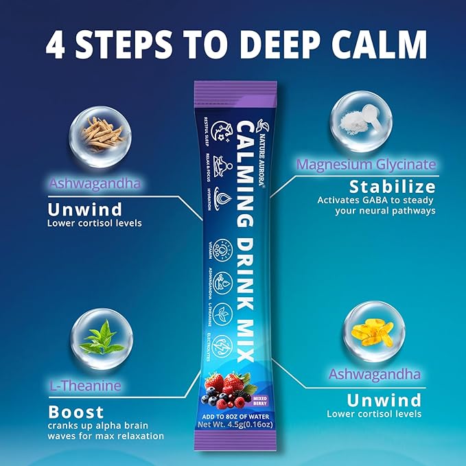 Cortisol Powdered Drink Mix with Magnesium Glycinate Ashwagandha L-Theanine Vitamin &amp Electrolytes Sugar Free Magnesium Supplement Blend for Stress Relief Relax &amp Focus Mixed Berry 30 P