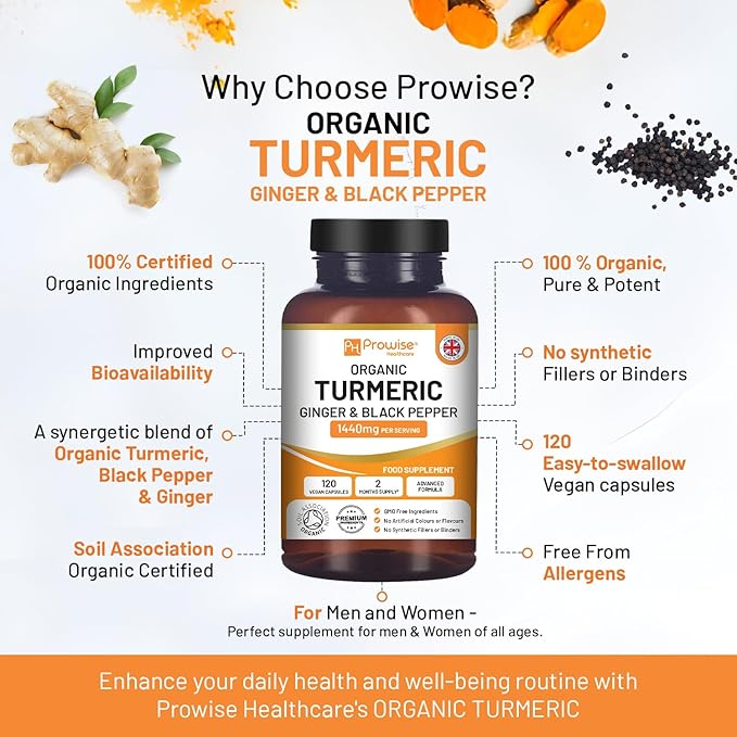 Turmeric Curcumin 1440mg with Black Pepper &amp Ginger I 120 Vegan Turmeric Capsules High Strength (2 Month Supply) I Made in The UK by Prowise Healthcare