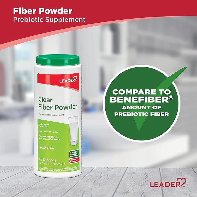 Leader Prebiotic Fiber Supplement Powder for Digestive Health 100% Natural Daily Fiber Powder Sugar-Free Taste-Free Gluten Free Non-GMO Unflavored 62 Servings (8.7 OZ) (Pack of 2)