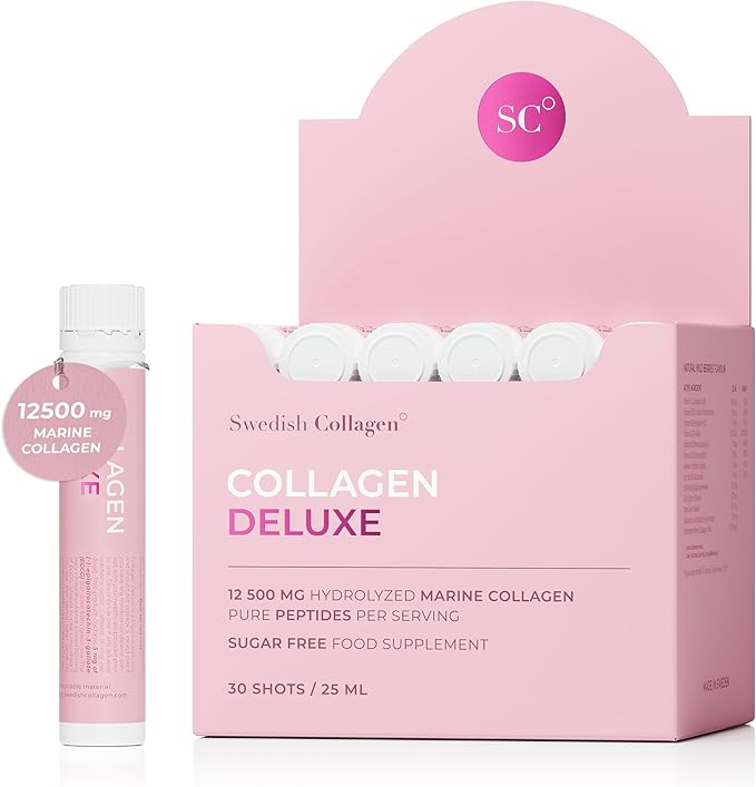 Swedish Collagen Deluxe | 12500 mg Hydrolyzed Marine Collagen Liquid Supplement - 30 x 25 ml Daily Shots | Hyaluronic Acid Biotin and Vitamin C for Healthy Hair Skin Nails and Joints | Sugar-Free