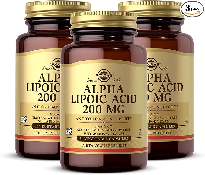 Solgar Alpha Lipoic Acid 200 mg 50 Vegetable Capsules (Pack of 3) - Antioxidant Support - Helps to Recycle Glutathione Vitamin C &amp E CoQ-10 - Non-GMO Vegan Gluten Free Dairy Free Kosher - 1