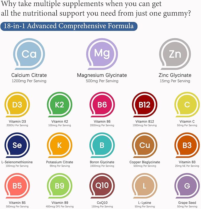 Calcium 1200 mg with Vitamin D3 Gummies Calcium Citrate Supplements for Women &amp Men with Magnesium Zinc Vitamin D3 &amp K2 Potassium Chews for Bone Strength &amp Muscle Support Sugar Free