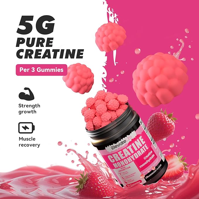 NSFCertified Creatine Monohydrate Gummies 5000mg for Men &amp Women Chewables Creatine Monohydrate for Muscle Strength Muscle Builder Energy Boost Pre-Workout Supplement(90 Count)-Strawberries