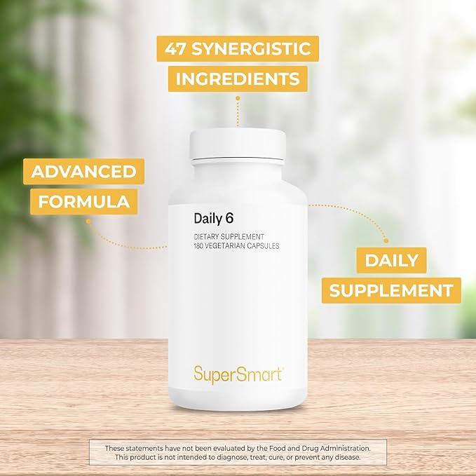 Supersmart - Daily 6 ® - Powerful Mutlivitamin Formula with 55 Ingredients (with PQQ Nicotinamide Riboside) - Support Healthy Cardiovascular System | Non-GMO &amp Gluten Free - 180 Vegetarian Capsul