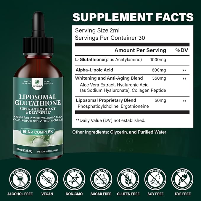 Liposomal Glutathione Liquid Drops 2000mg – Antioxidant Support Liquid Supplement with 600mgAlpha Lipoic Acid &amp Hyaluronic Acid | Vegan Non-GMO Soy &amp Gluten Free (4 FL OZ(Pack of 2))