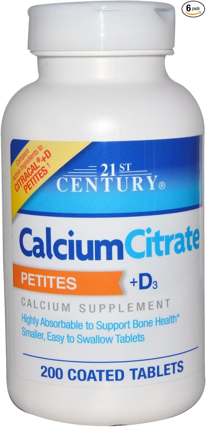 21st Century Calcium Citrate Petites + D3 Coated Tablets - 200 Tablets Pack of 6