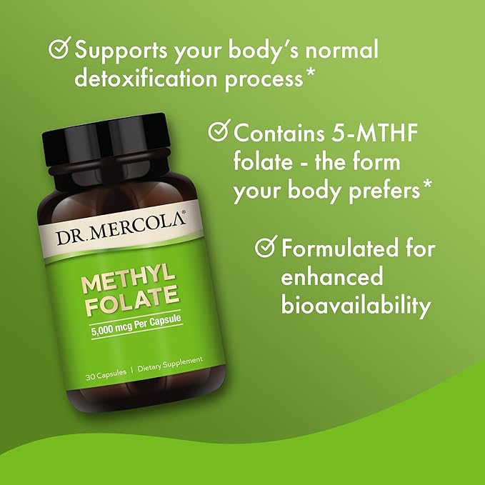 Dr. Mercola Methyl Folate - Supports Detoxification &amp Cellular Health - 5-MTHF Folate - Bioavailable Formula - 5 mg - 30 Capsules