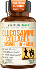 Glucosamine Chondroitin MSM with Hydrolyzed Collagen Peptides - Joint Support Supplement with Quercetin Bromelain &amp Boswellia Extract - Collagen pills for Hair Skin Nails - FSA Eligible 120 Caps