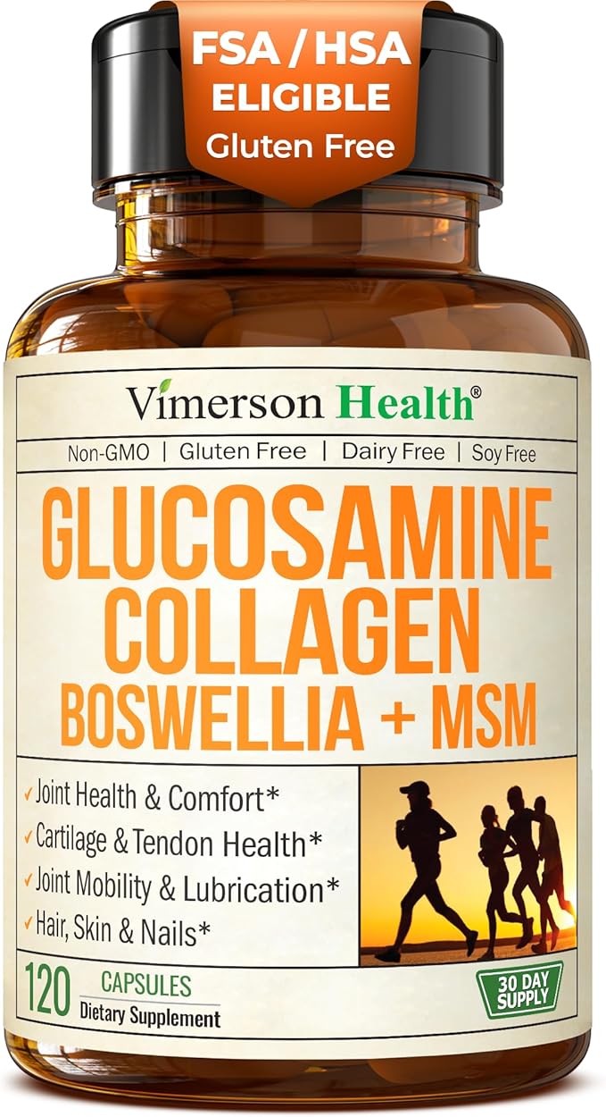 Glucosamine Chondroitin MSM with Hydrolyzed Collagen Peptides - Joint Support Supplement with Quercetin Bromelain &amp Boswellia Extract - Collagen pills for Hair Skin Nails - FSA Eligible 120 Caps