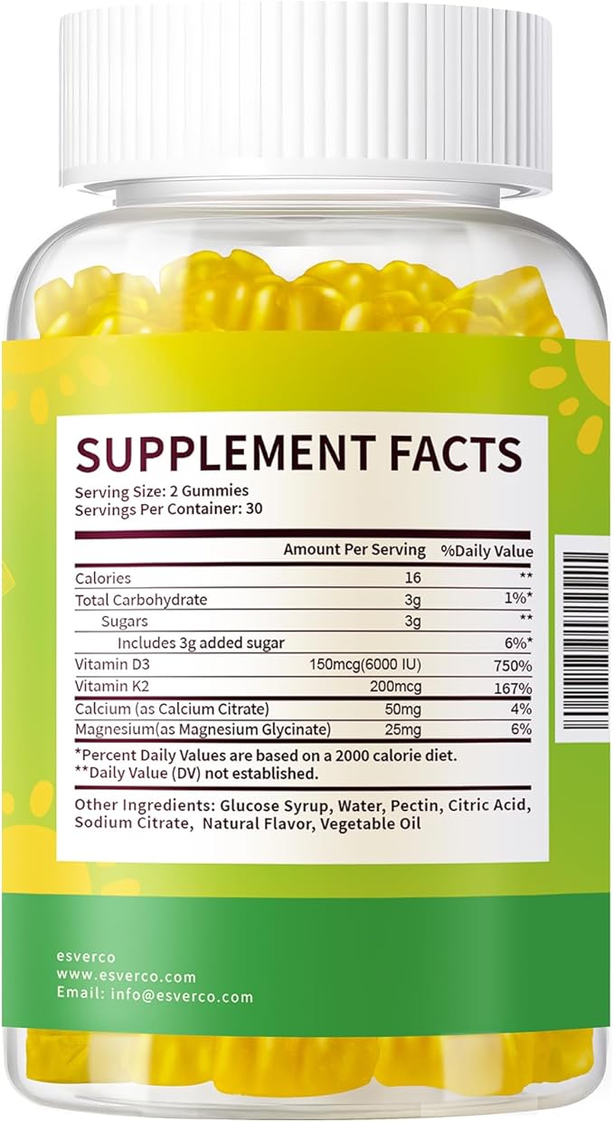 Vitamin D3 K2 Gummies High Absorption 6000 IU D3 + 200mcg K2 (MK-7) with Calcium &amp Magnesium Glycinate Extra Strength for Bone Teeth &amp Immune Support Pineapple Flavor 2-Pack 120 Count