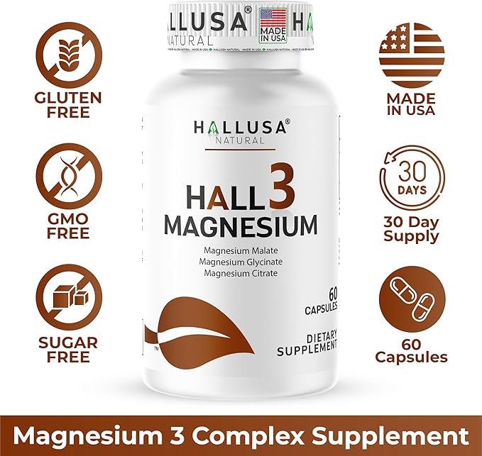 Magnesium 3 Complex Capsules 900mg Citrate Glycinate &amp Malate Muscle Support Nerve Energy &amp Relaxation Support Magnesium Complex Supplement Non GMO Gluten Free 60 Count