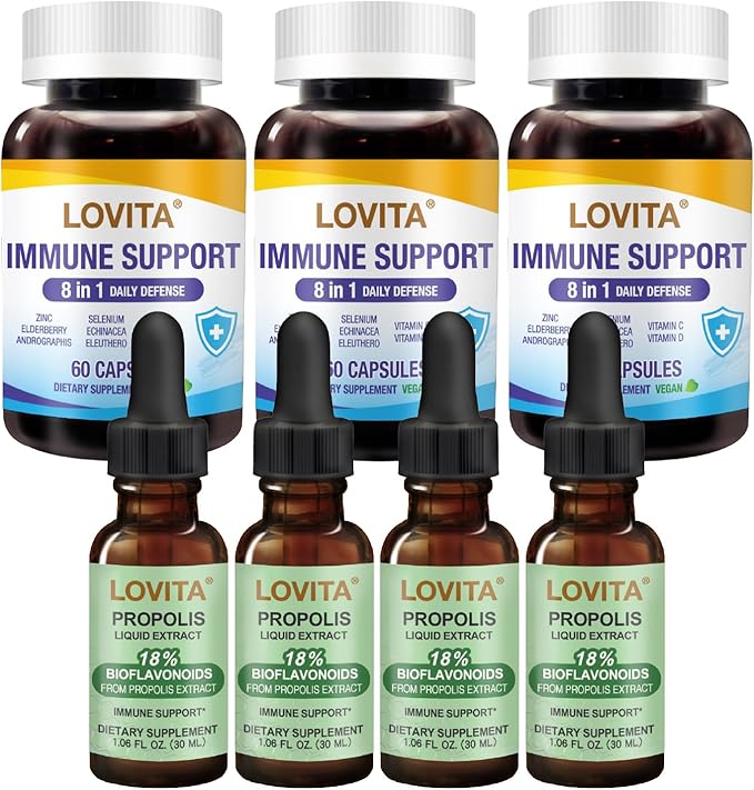 LOVITA Total Protection Bundle - 4 Propolis Liquid &amp 3 Immune Defense Bottles Full Spectrum Vitamins &amp Herbal Support (7 Pc Set)