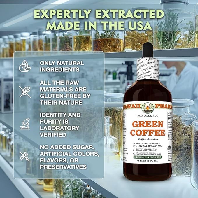 Green Coffee (Coffea Arabica) Dry Bean Glycerite Made in Hawaii All Natural Vegan Lab Tested Alcohol-Free Liquid Extract - 32 fl.oz