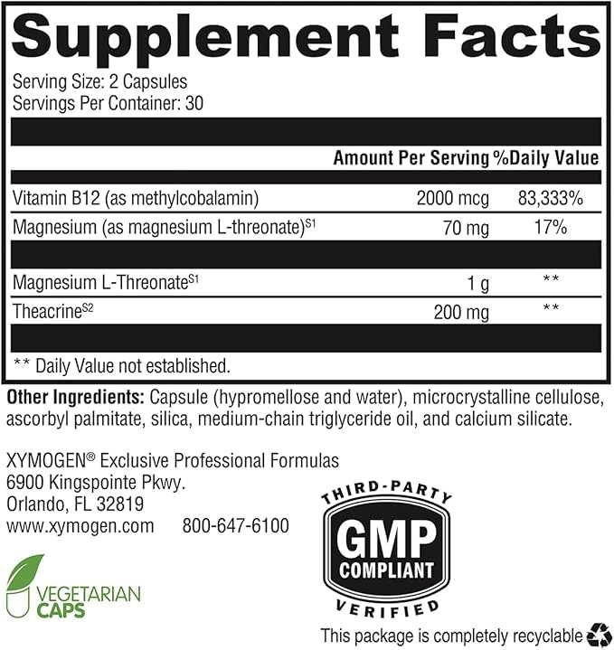 XYMOGEN Cogniquil - Magnesium L-Threonate Supplement for Clarity Focus &amp Mental Energy Support* - with Theacrine &amp Vitamin B12 - Non-GMO &amp Gluten-Free - 60 Capsules
