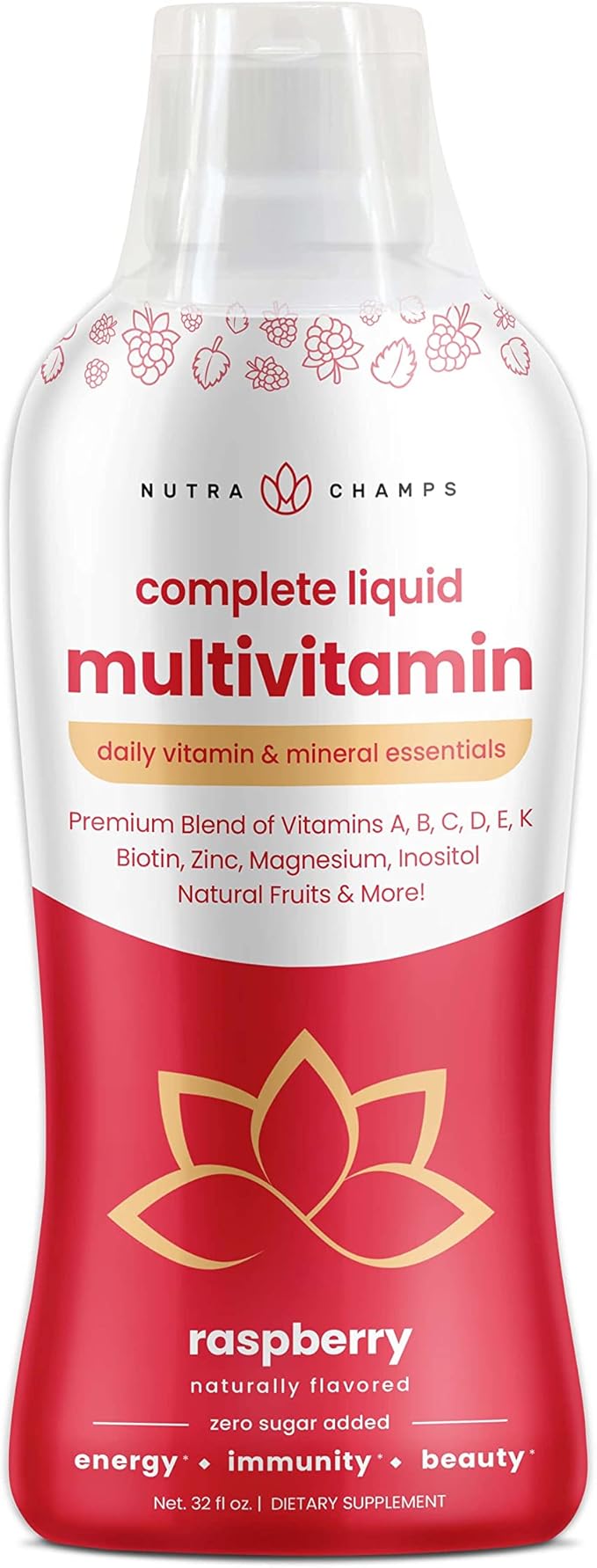 Liquid Multivitamin for Women Men &amp Kids | Sugar Free Liquid Vitamins | Vitamin A B C D E K Biotin Zinc Magnesium | Energy Beauty Immune Support Supplement | Vegan Natural Raspberry