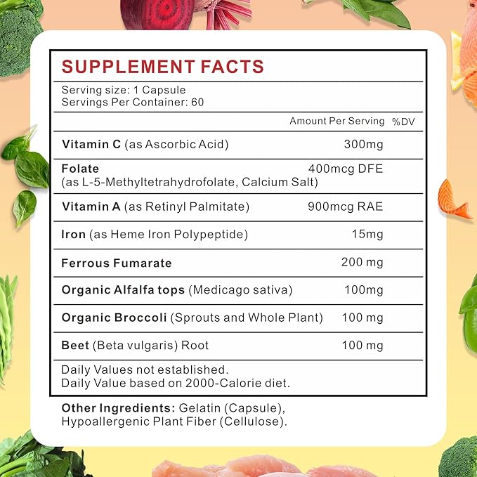 Heme Iron Supplement for Women and Men - Easy to Absorb -Gut Friendly Iron Supplement with Folate Vitamin C and Vitamin A - Vegan - 120 Caps